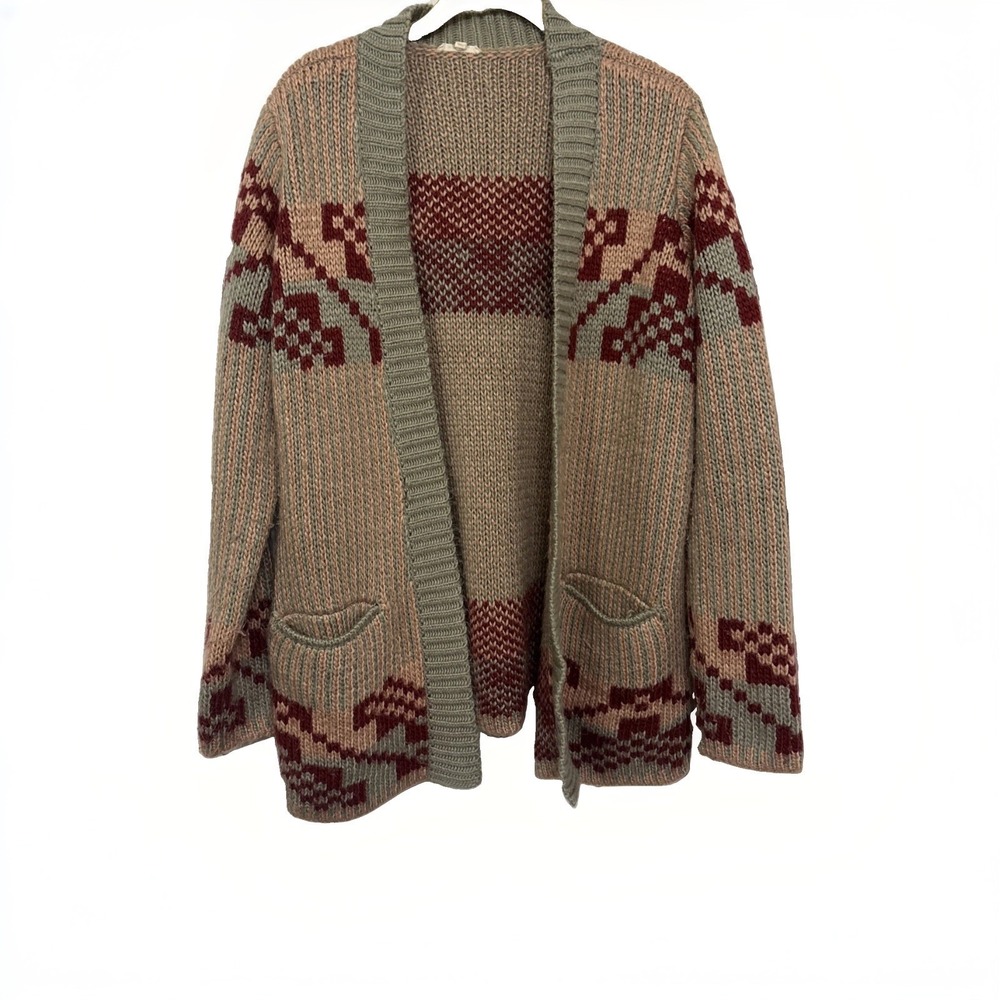 Mystree Aztec Geometric Open Cardigan Sweater Long Chunky Sz L Multi 14327